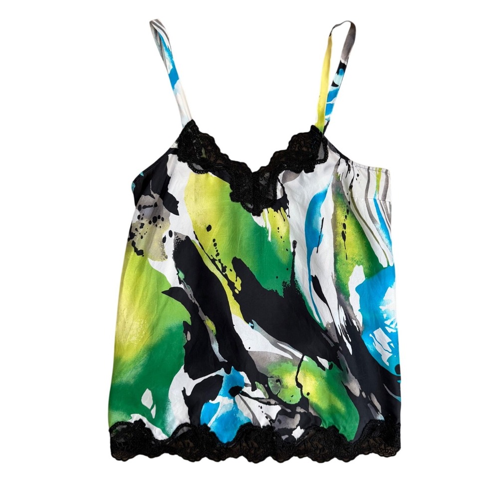 Express Vtg 100% Silk Camisole XS Abstract Watercolor Lace Trim Green Blue y2k‎